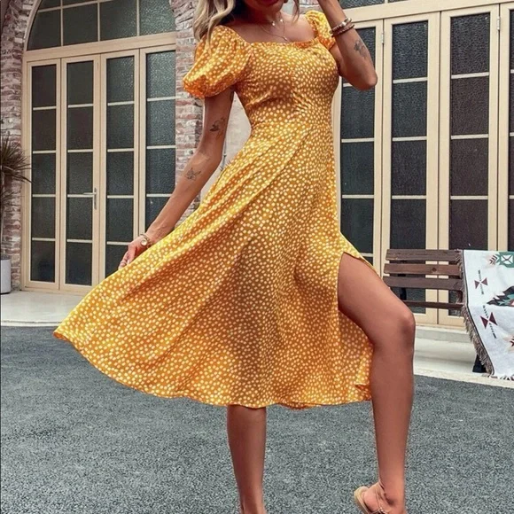 Boho polka dots puff sleeve slit thigh dress - Picture 12 of 16